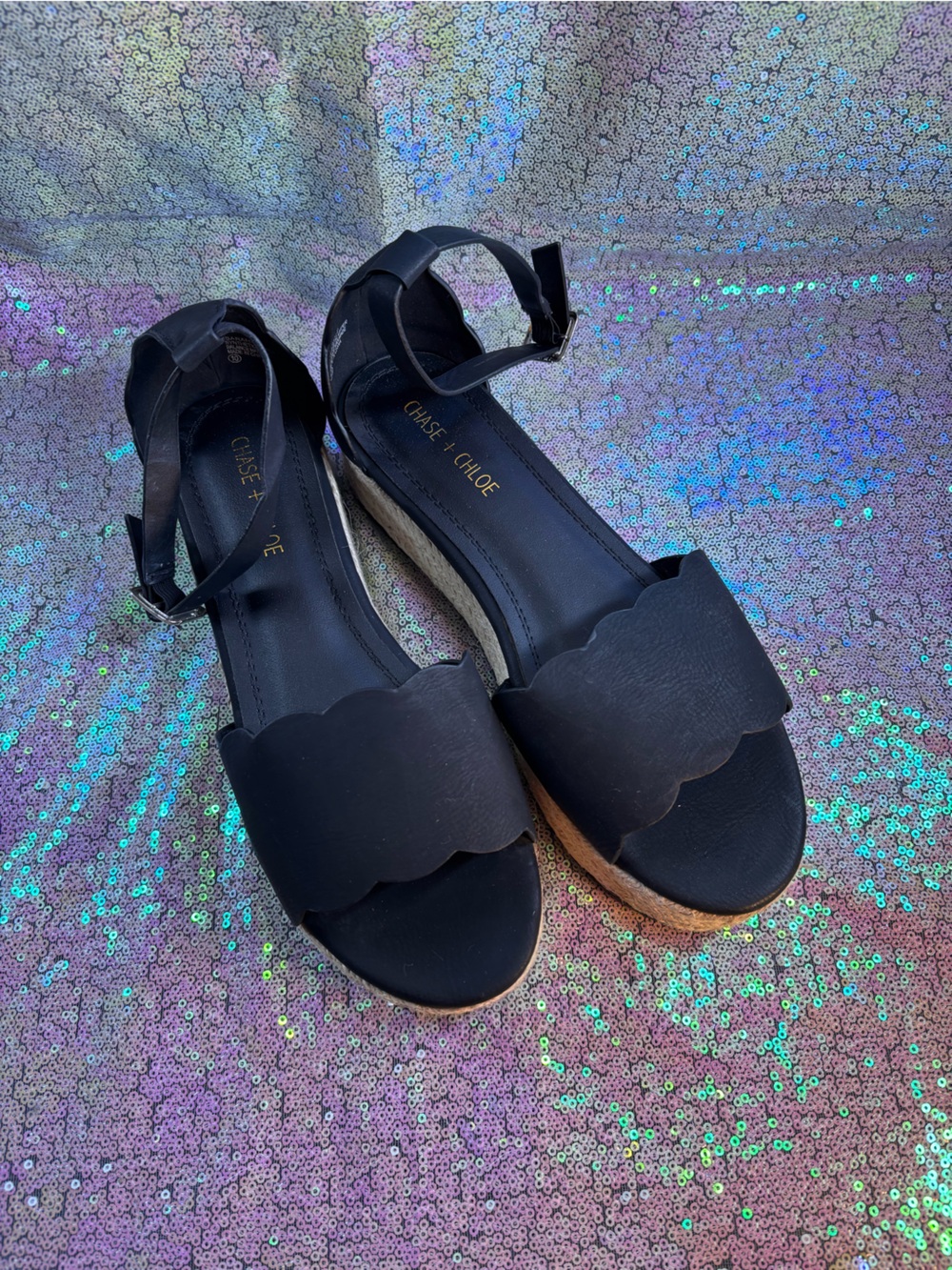 MUST BUNDLE Chase + Chloe Black Scallop Strap Cork Wedge Sandals